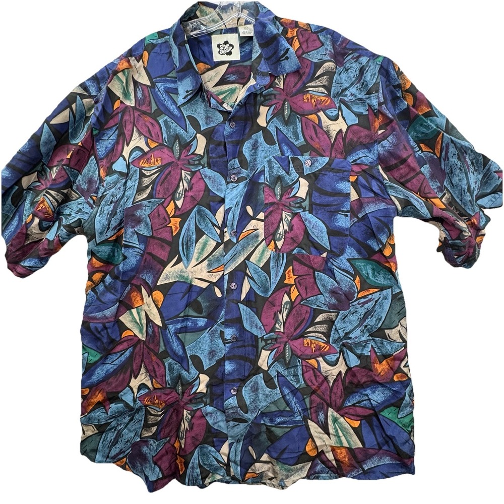 Hilo Hattie 100% Silk Hawaiian Shirt Men's‎ L Short Sleeve Button Front Abstract